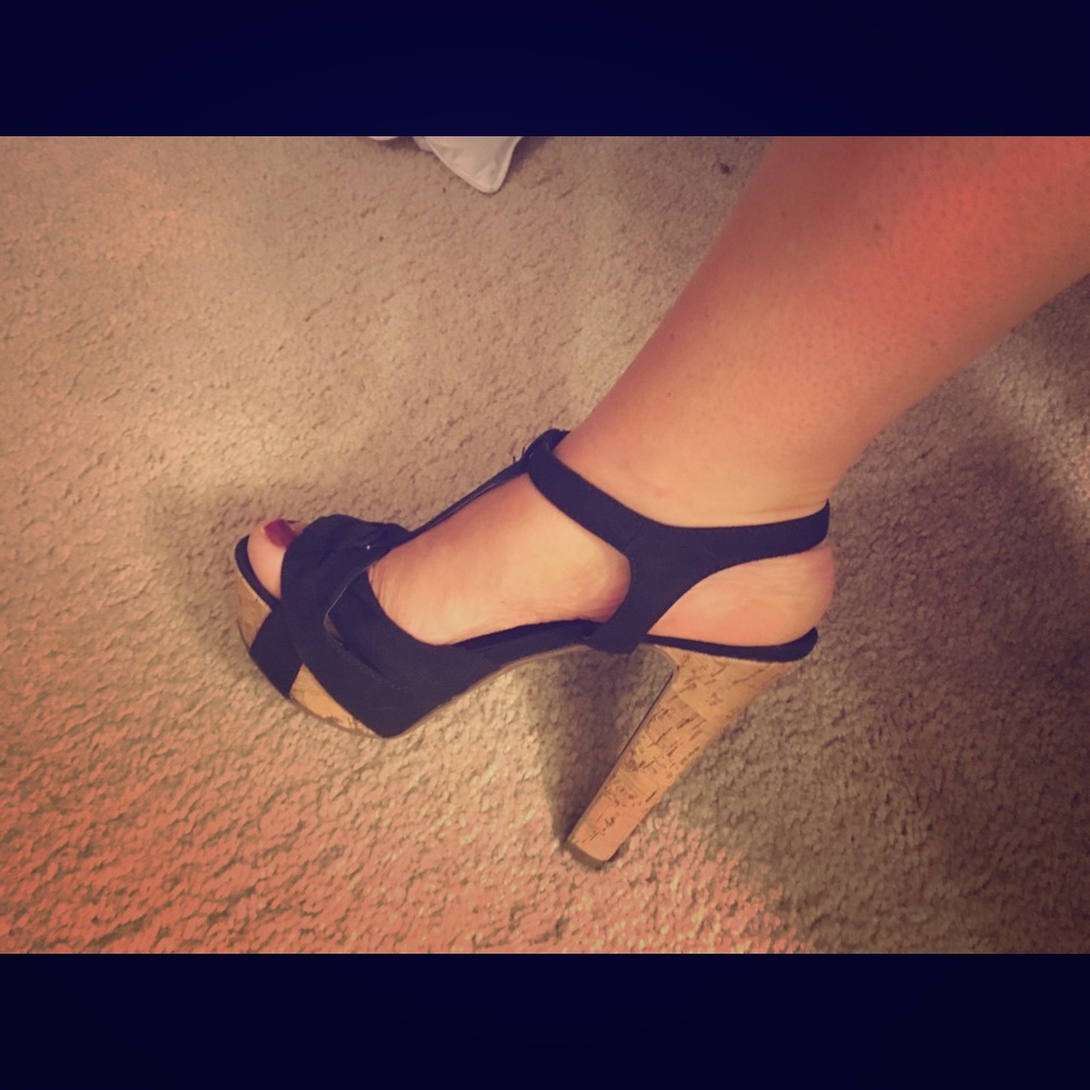 Black and cork platform heels